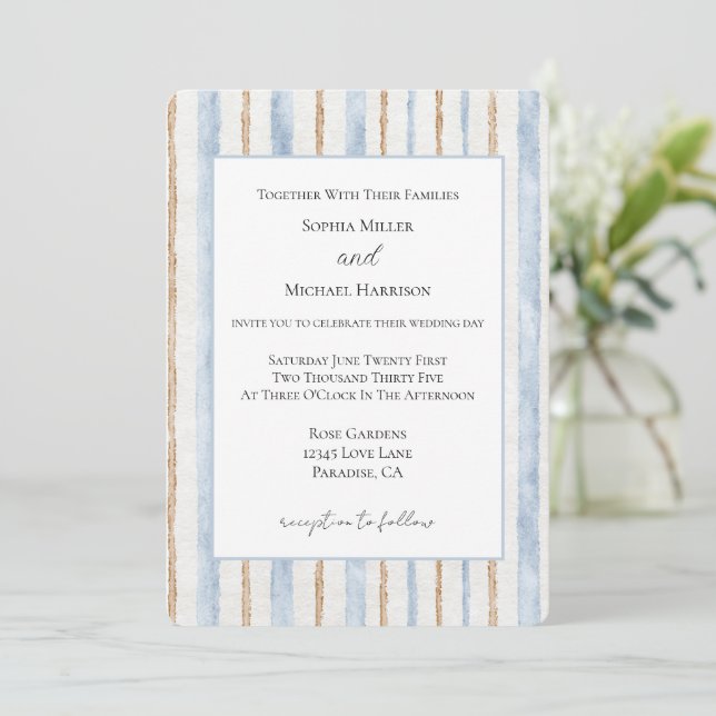 Blue Cream Brown Stripes Wedding Invitation (Standing Front)