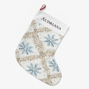 Blue Cream Christmas Snowflakes Large Christmas Stocking