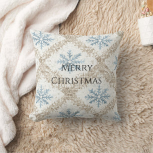 Blue Cream Christmas Snowflakes Throw Pillow