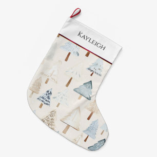 Blue Cream Christmas Trees burgundy stripe   Large Christmas Stocking