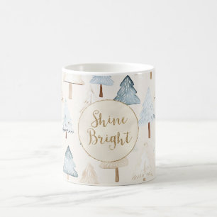Blue Cream Christmas Trees Gold Glitter   Coffee Mug