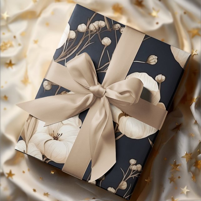 Blue & Cream Cotton Flowers Botanical Vintage   Wrapping Paper Sheet (Creator Uploaded)