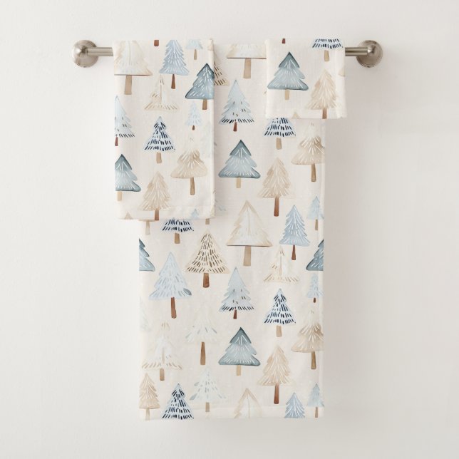 Blue Cream Cozy Christmas Trees Bath Towel Set (Insitu)