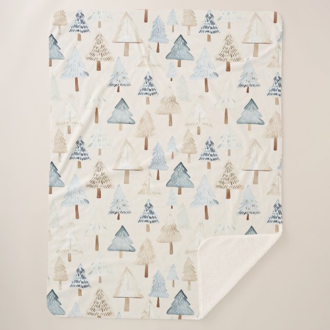 Blue Cream Cozy Christmas Trees Sherpa Blanket (Front)