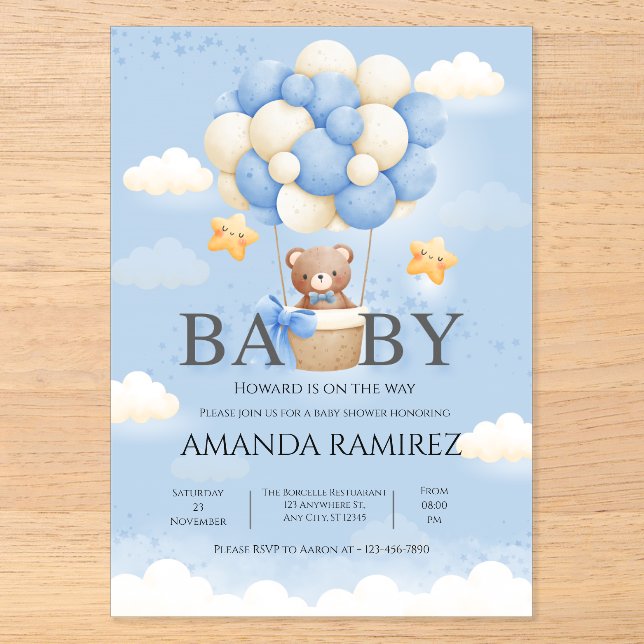 Blue & Cream Elephant Baby Boy Shower Acrylic Invitations (Front)