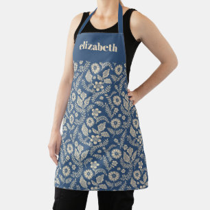 Blue Cream Floral Botanical Custom Name Boho Bold Apron
