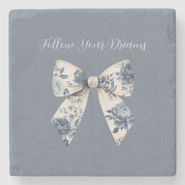 Blue Cream Floral Bow  Stone Coaster (Front)