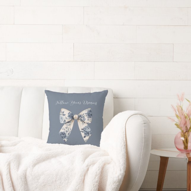 Blue Cream Floral Bow  Throw Pillow (Couch)