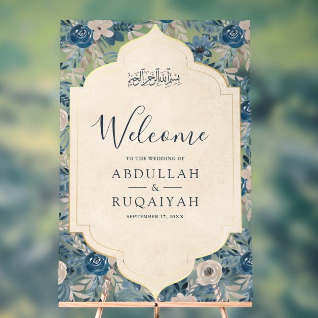 Blue Cream Floral Gold Muslim Wedding Welcome (Neutre)