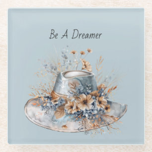 Blue Cream Floral Hat Dreamer Glass Coaster