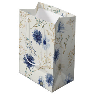 Blue Cream Flowers Bridal Shower Medium Gift Bag