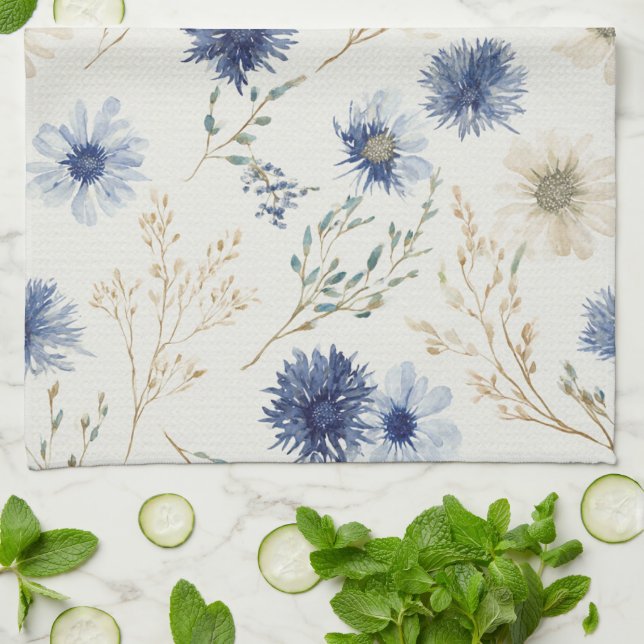 Blue Cream Flowers Kitchen Towel (Folded)