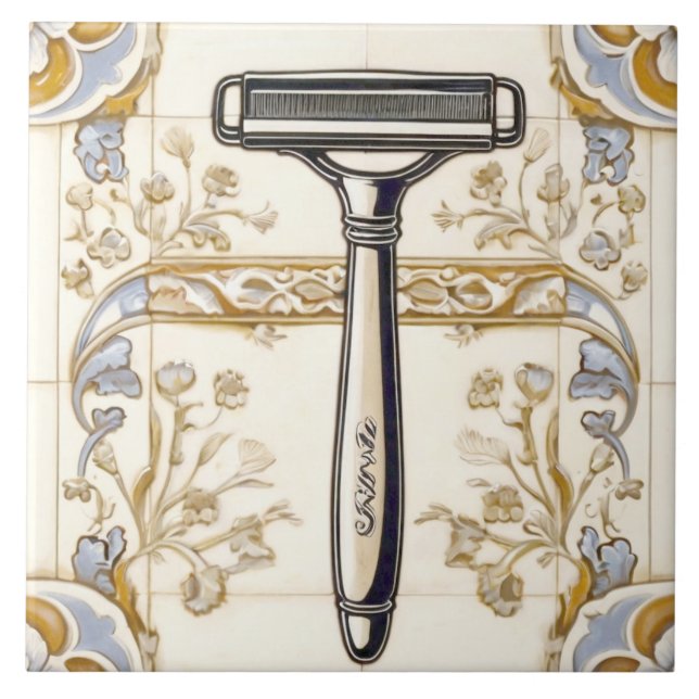 Blue Cream & Gold Shaving Razor Shaver Bathroom Tile (Front)