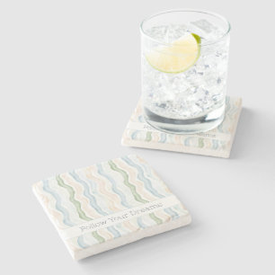 Blue Cream Green Wavy Stripes Stone Coaster