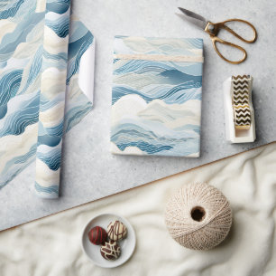 Blue Cream Ivory Abstract Ocean Beach  Wrapping Paper