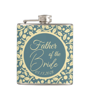 Blue & Cream Leaf Pattern Father of the Bride Hip Flask