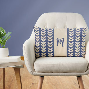 Blue Cream Leaf Pattern Monogram Lumbar Pillow