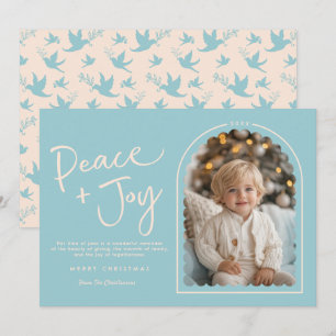 Blue Cream Modern Arch Peace Joy Photo Christmas Holiday Card