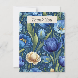 Blue & Cream Pencil Drawn Flowers Thank You Card