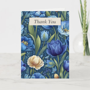 Blue & Cream Pencil Drawn Flowers Thank You Card