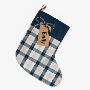Blue Cream Plaid Kraft Tag Personalized  Large Christmas Stocking