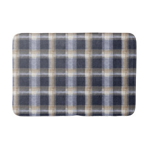 Blue Cream Plaid Stripes Bath Mat