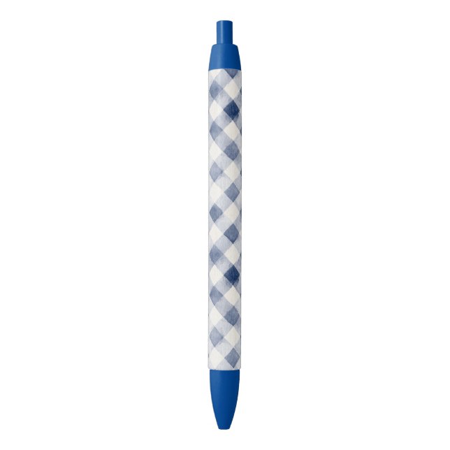 Blue Cream Plaid Stripes Black Ink Pen (Front Vertical)