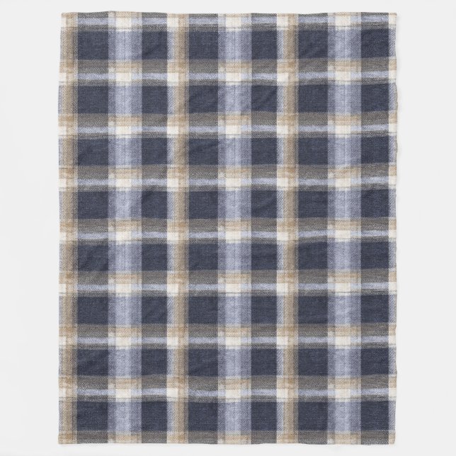 Blue Cream Plaid Stripes Fleece Blanket (Front)