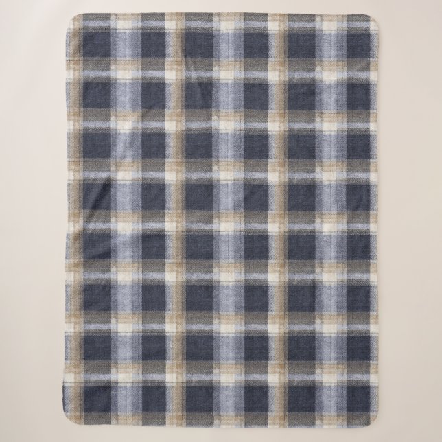 Blue Cream Plaid Stripes Sherpa Blanket (Front)