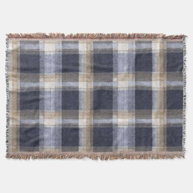 Blue Cream Plaid Stripes Throw Blanket (Front)