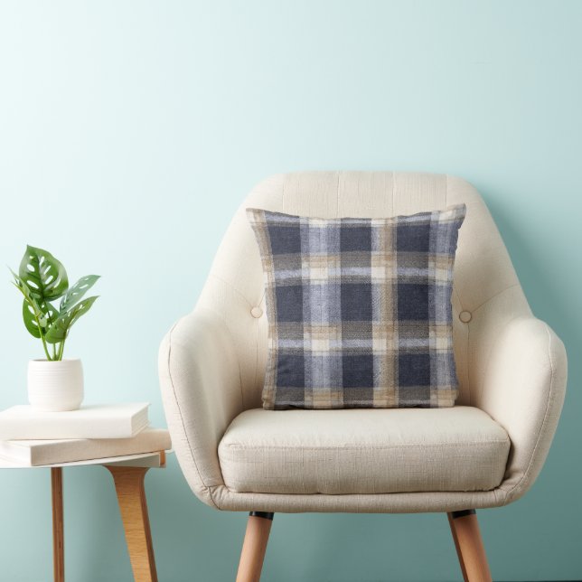 Blue Cream Plaid Stripes Throw Pillow (Chair)