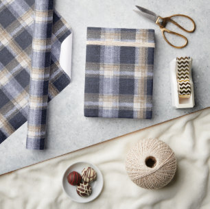 Blue Cream Plaid Stripes Wrapping Paper