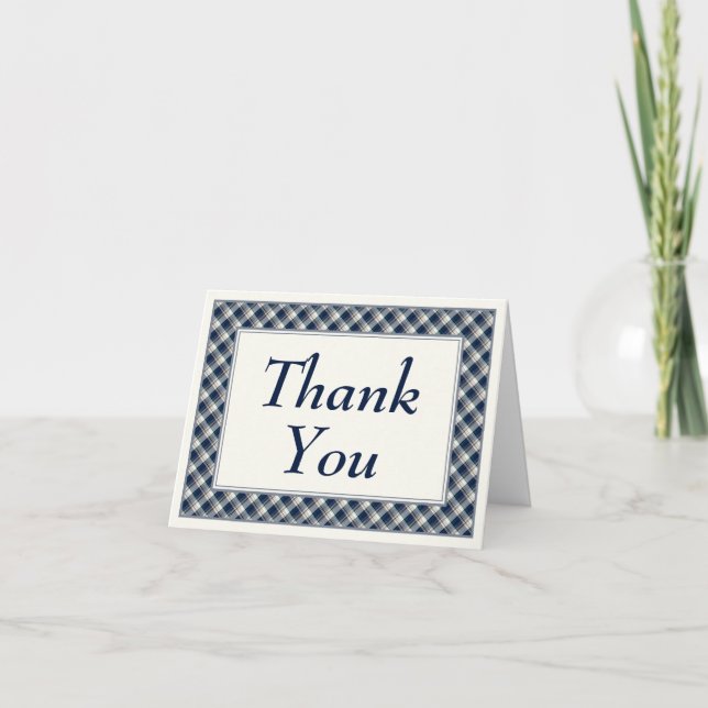 Blue & Cream Plaid Thank You Note Card (Front)