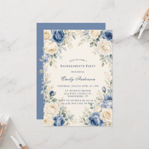 Blue & Cream Rose Floral Bachelorette Party Invitation