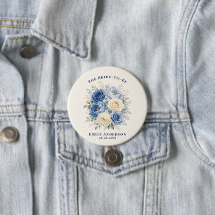 Blue & Cream Rose Floral Bridal Shower 3 Inch Round Button