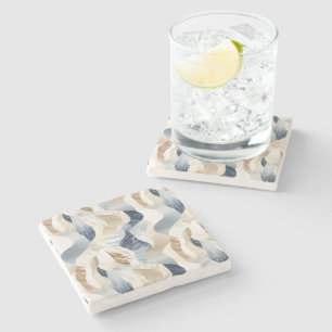 Blue Cream Sand Ivory Abstract Waves Beach  Stone Coaster