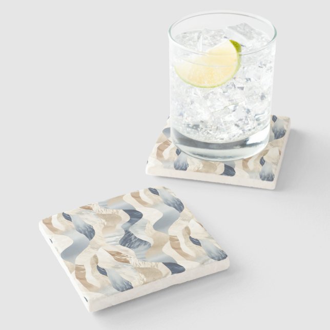Blue Cream Sand Ivory Abstract Waves Beach  Stone Coaster (Side)