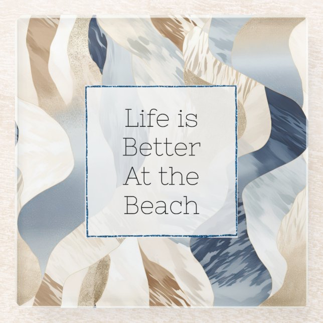 Blue Cream Sea Sand Abstract Glass Coaster (Front)