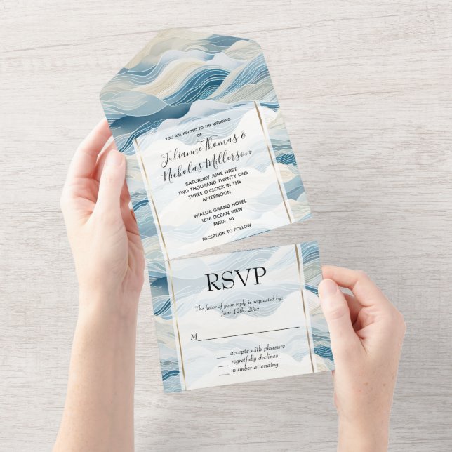 Blue Cream Sea Sand Ocean Waves Beach All In One Invitation (Tearaway)