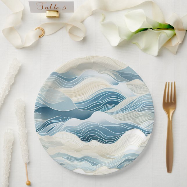 Blue Cream Sea Sand Ocean Waves Beach Paper Plate (Wedding)