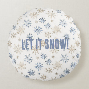 Blue Cream Snowflakes Let It Snow! Round Pillow