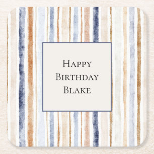 Blue Cream Stripes Birthday Square Paper Coaster