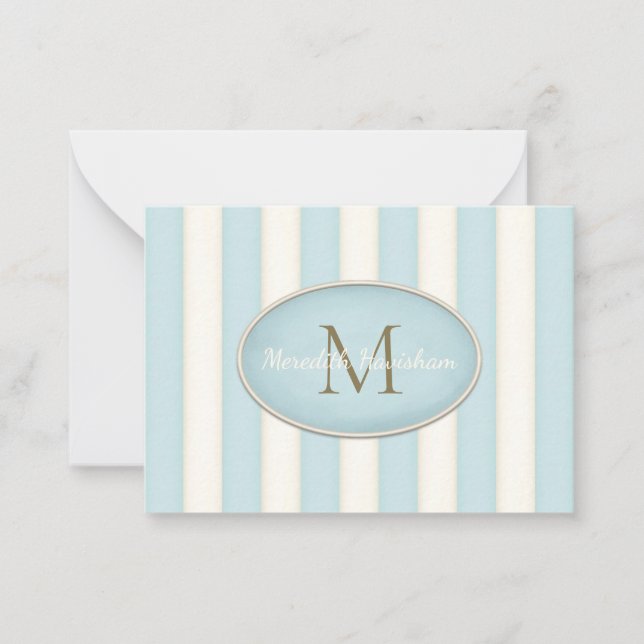 Blue & Cream Stripes Bronze Monogram Custom Card (Front)