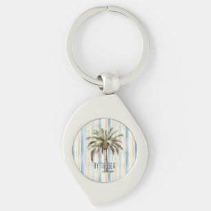 Blue Cream Stripes Tropical Palm Tree Keychain