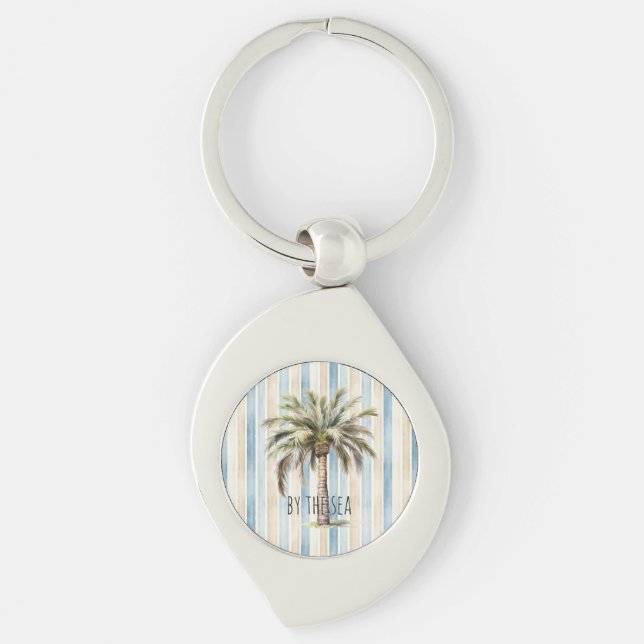 Blue Cream Stripes Tropical Palm Tree Keychain (Front)