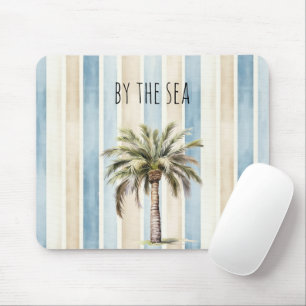 Blue Cream Stripes Tropical Palm Tree Mouse Pad