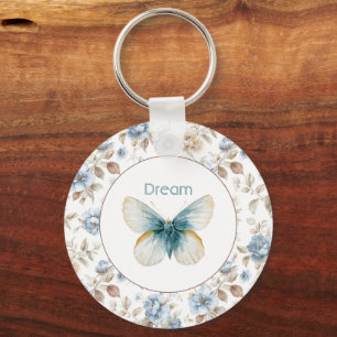 Blue Cream Tan Brown Flowers Butterfly Keychain