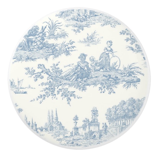 Blue Cream Toile Romantic Landscape Ceramic Knob (Front)
