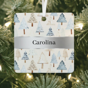 Blue Cream Trees Silver Ribbon Christmas Metal Ornament