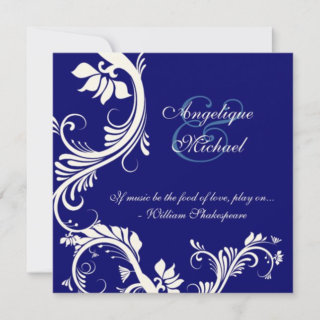 Blue cream wedding floral elegance invitation (Front)